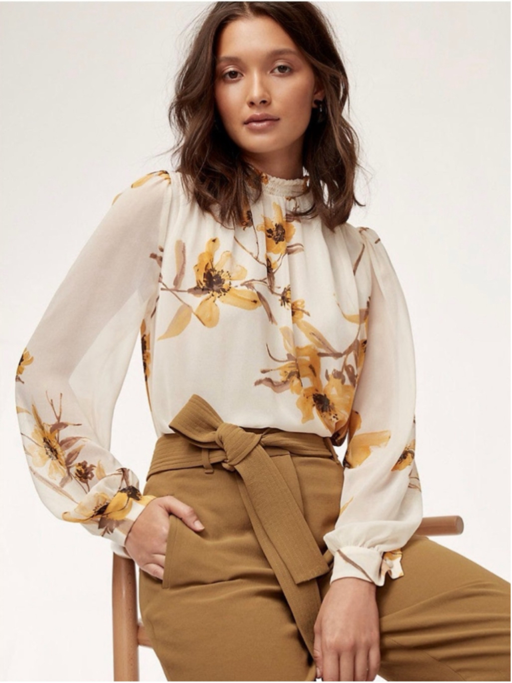 Aritzia Floral Chiffon Blouse Size Medium White Mustard Long Sleeve